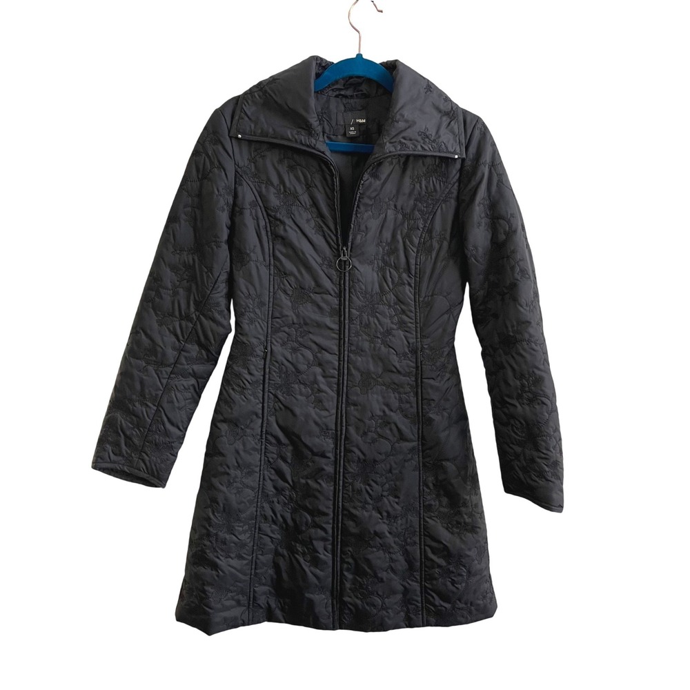 H&M Puffer Coat Women XS Black Floral Embroidered Quilted Longline Funnel Neck